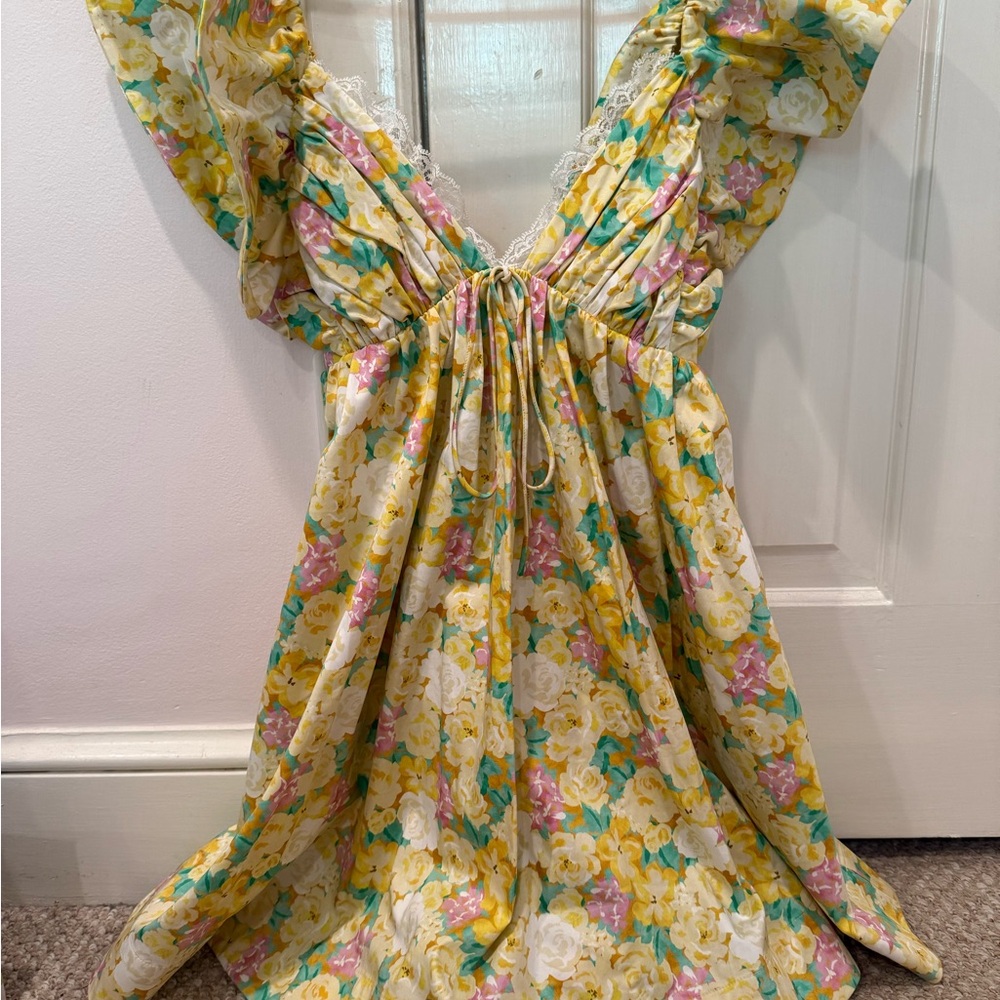 For Love And Lemons Yellow Pink Ruffled Sundress